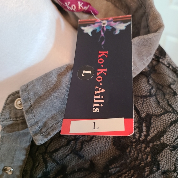 Ko Ko Ailis Black & Gray Long Sleeve Lacy Top with Pearl Snap Front Size Large - Picture 6 of 7